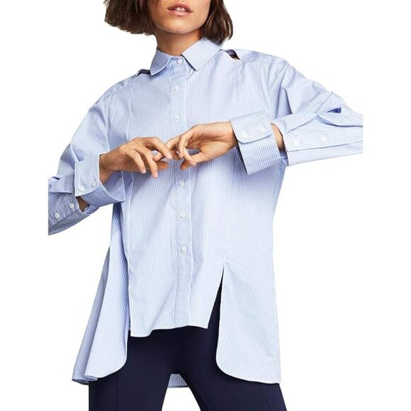💚BCBG MaxAzria – Modern Blue Striped High-Low Button Front Blouse – Size Small - Picture 1 of 13